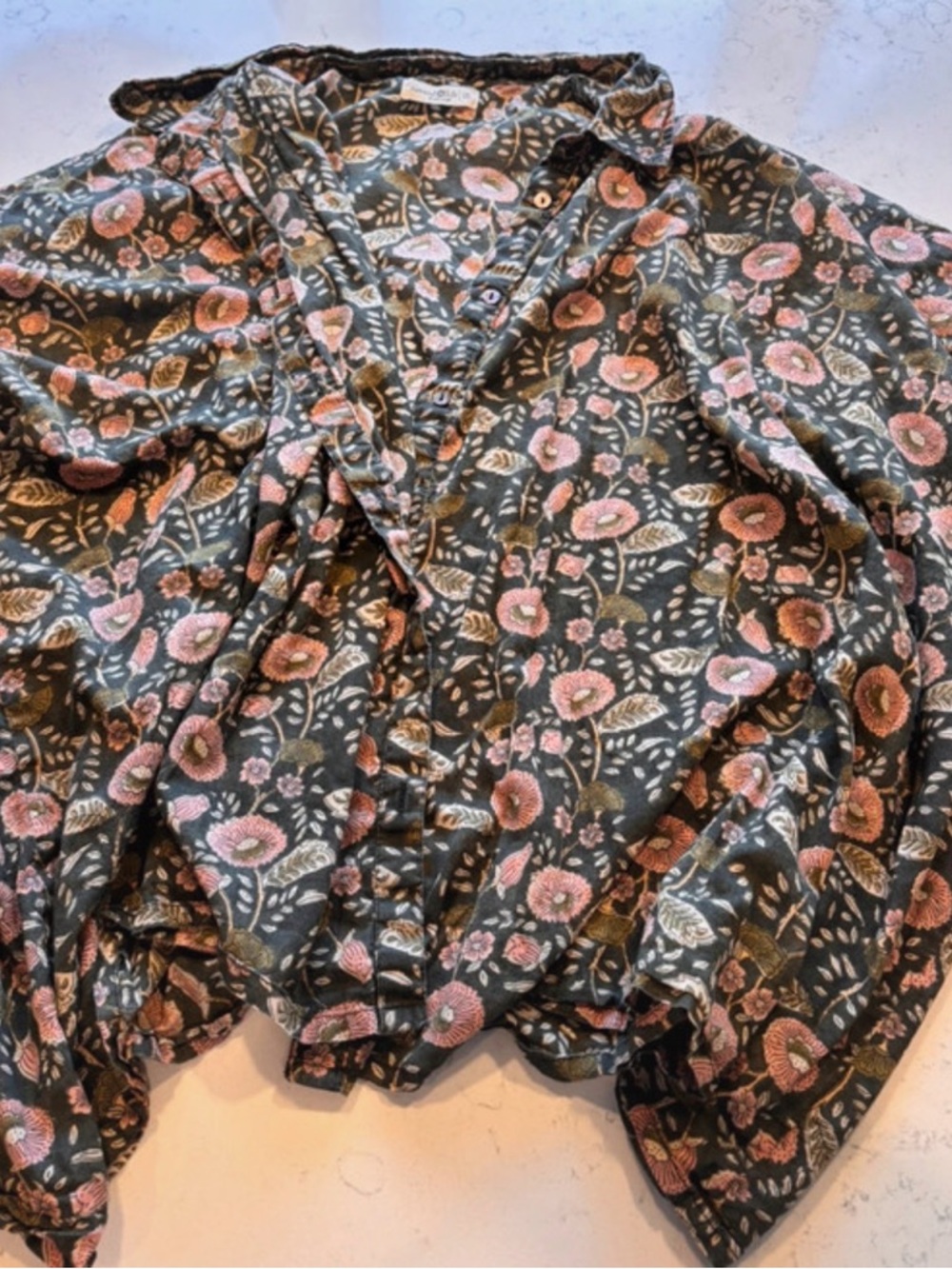 NATURAL LIFE Dark Green Floral Button-Up with Pink Blooms